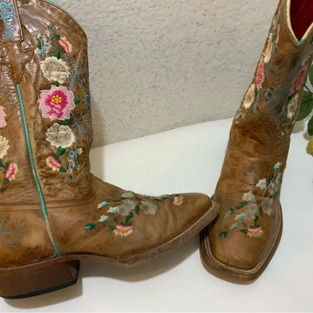 Macie Bean Boots Girls SZ 3 Floral Rose Garden Cowgirl Brown Leather